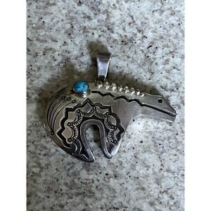 Vtg Navajo Fetish Bear Turquoise Sterling Silver Pendant Signed Jerry Roan 29g
